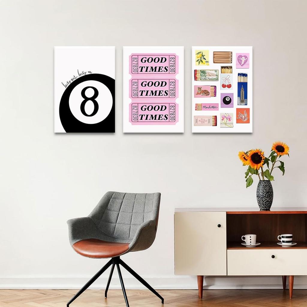 MTFBWY Trendy Wall Art Preppy Wall Decor 8 Ball Poster Prints Matchbox Retro Aesthetic Vintage College Dorm Decor Picture Bar Cart Printing Set Of 3