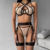 European & American Mesh Strappy Underwire Push-up Lingerie Set with Metal Ring & Bandage Waist Cincher