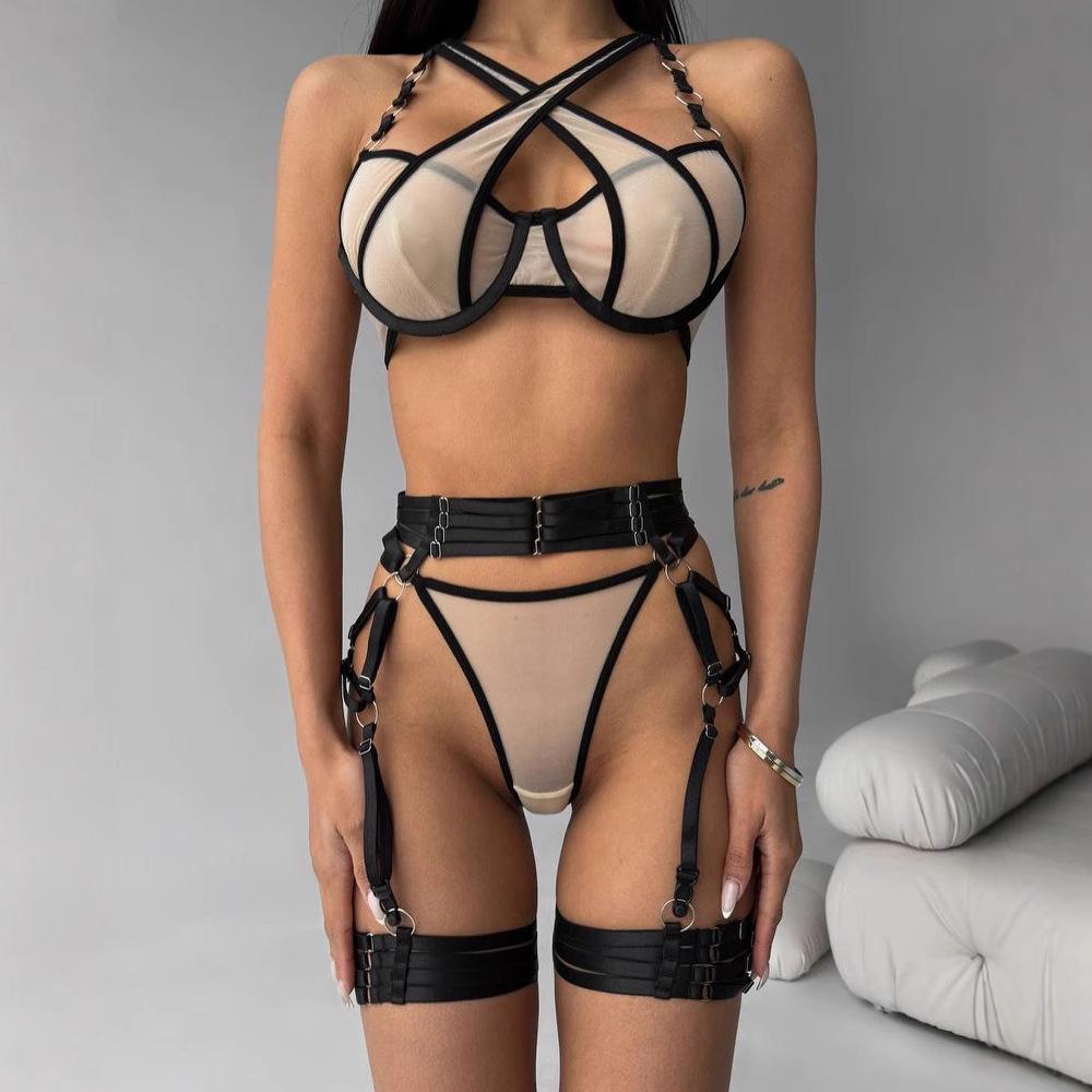 European & American Mesh Strappy Underwire Push-up Lingerie Set with Metal Ring & Bandage Waist Cincher