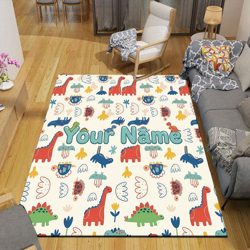 Custom Name,Cute Cartoon Dinosaur Home Sofa Decoration for Living Room & Bedroom, Non‑Slip Play Flannel Floor Mat for Game Room
