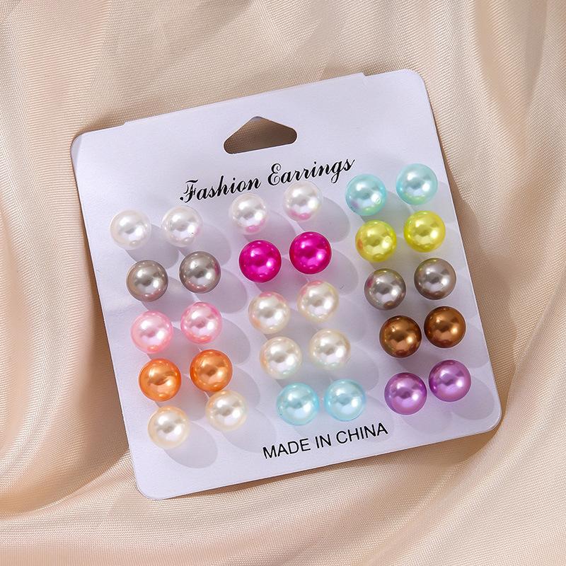 Europe and the United States hot-selling round color dopamine stud earrings simple temperament artificial pearl stud earrings set 11 pairs