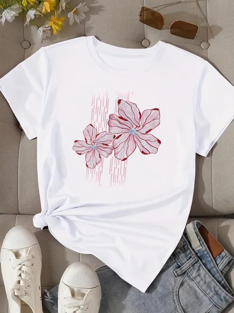 (Asian Size) Flower Watercolor Cute Women Clothing T Shirt Woman Top Fashion Female Short Sleeve Graphic T-shirts Print Tee