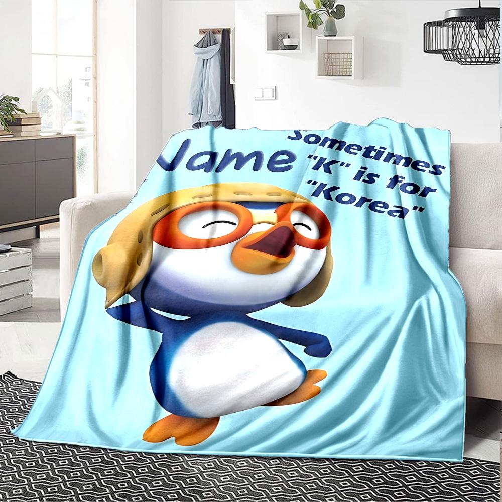 Custom Name Pororo Friends Flannel Blanket for Super Soft Cute Comfort Blanket for Travel Bedding Couch Sofa Blanket