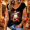 Women's V-Neck Casual Halloween Print Three-Quarter Sleeve Top for Fall Festive Occasions