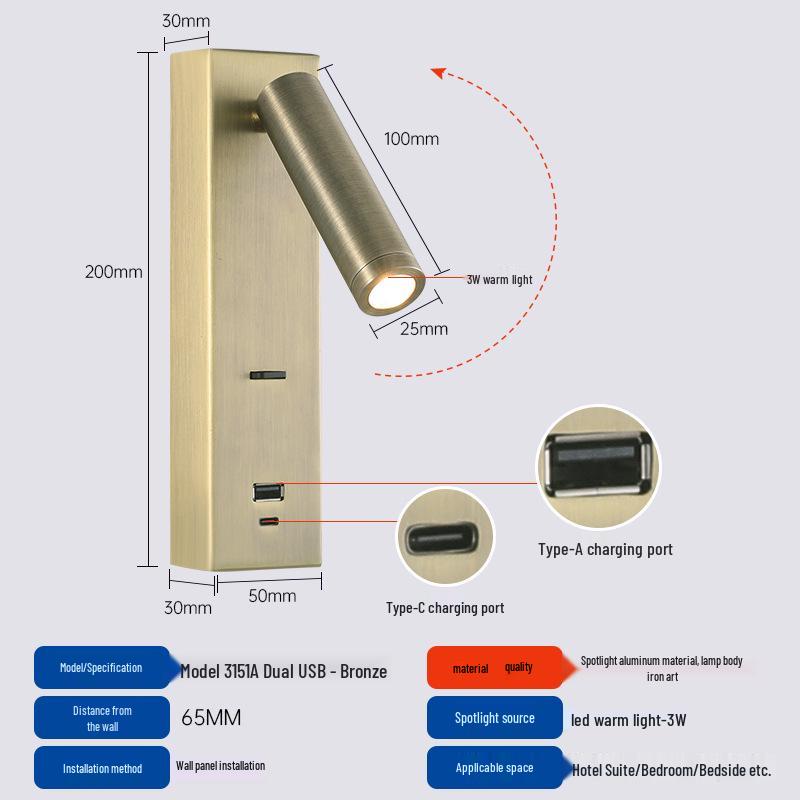Rotatable Type-C USB Wall Lamp with Switch for Bedroom, Study, or Hotel