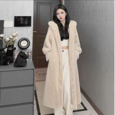 Imitation Mink Velvet Fur Coat Autumn and Winter Women's Long Over-the-knee Loose Large-size Hooded Jacket