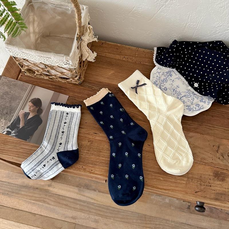 Light Retro Navy Blue Color "Bow Dark And Not Socks, Mid-Leg Socks, Designer Cotton Socks Songmu