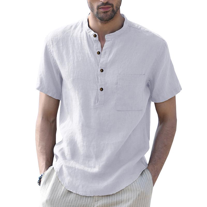 Men's Summer Cotton Linen Casual Pullover Short-Sleeve Shirt