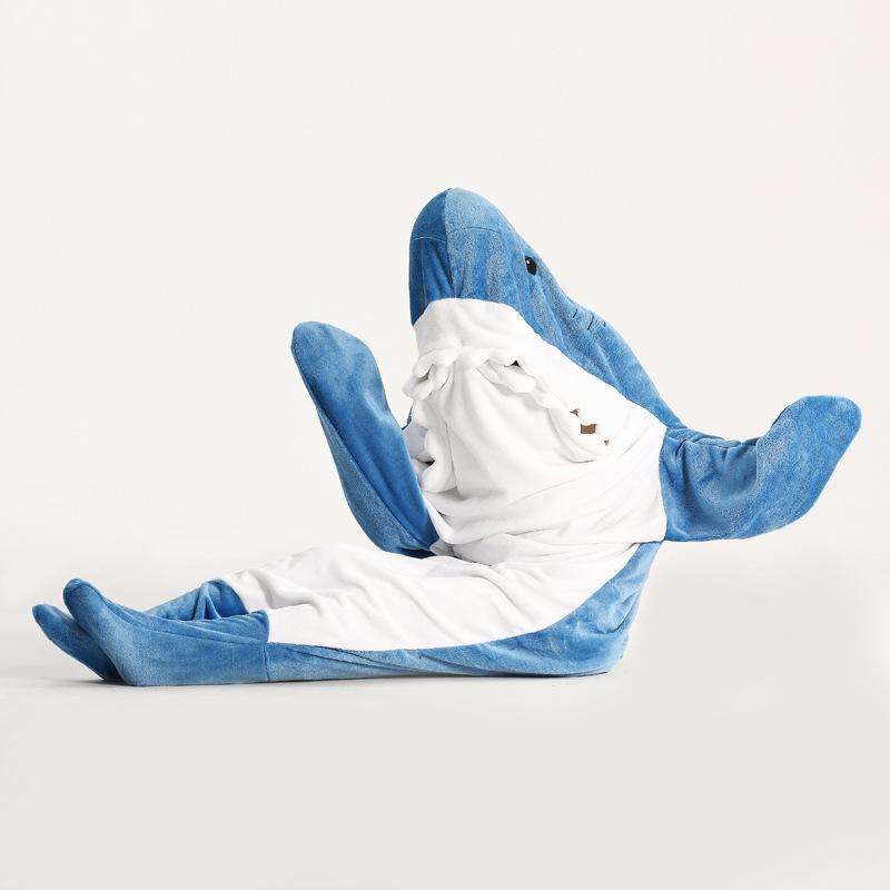 Warm Flannel Blanket Pajamas Home Suit Cartoon Shark Pajamas Unisex Play Suit Kids Parents Hooded Funny Home Wear for Slumber Party