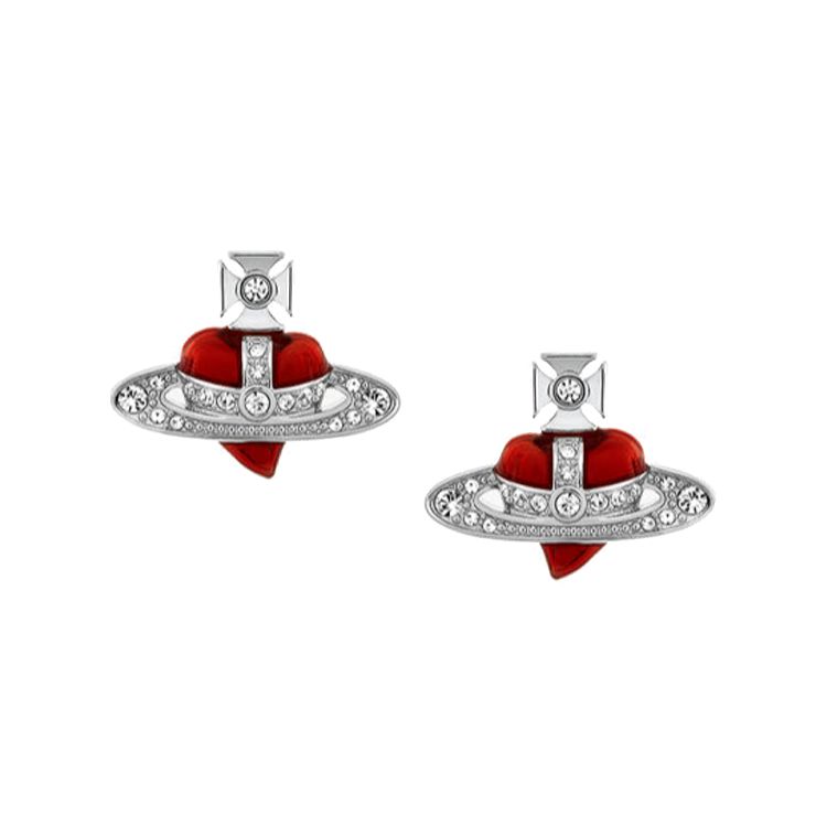 Vivienne Westwood Diamante Heart Asymmetric Heart Crystal Earrings Women earrings Silver Red 6201033K02P383P383 Box