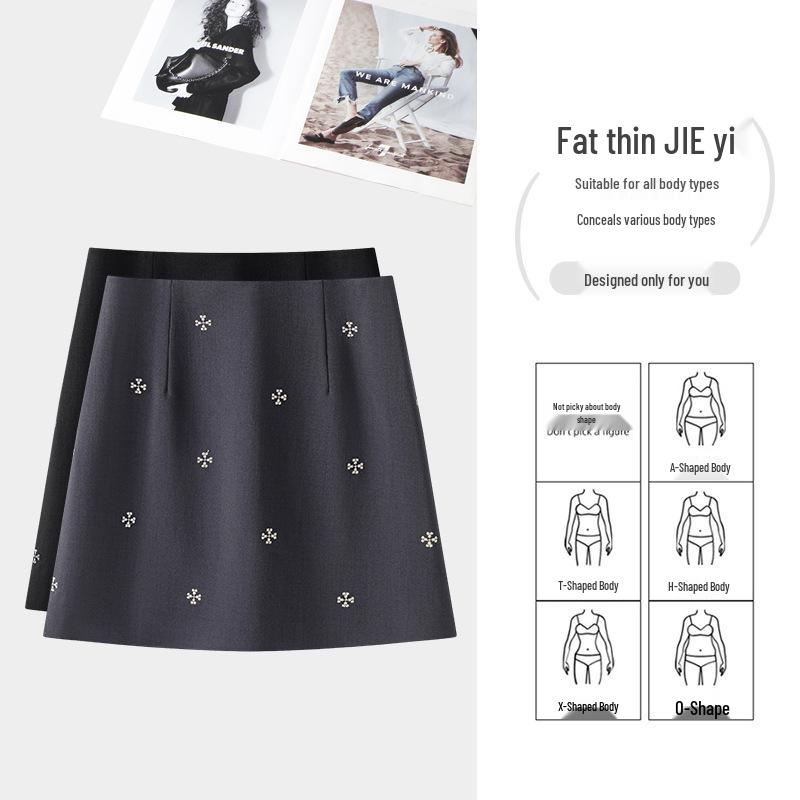 Spring/Summer 2026 Embroidered A-line Gray Skirt for Women - Sweet, Slimming High Waist, Hip-hugging Design