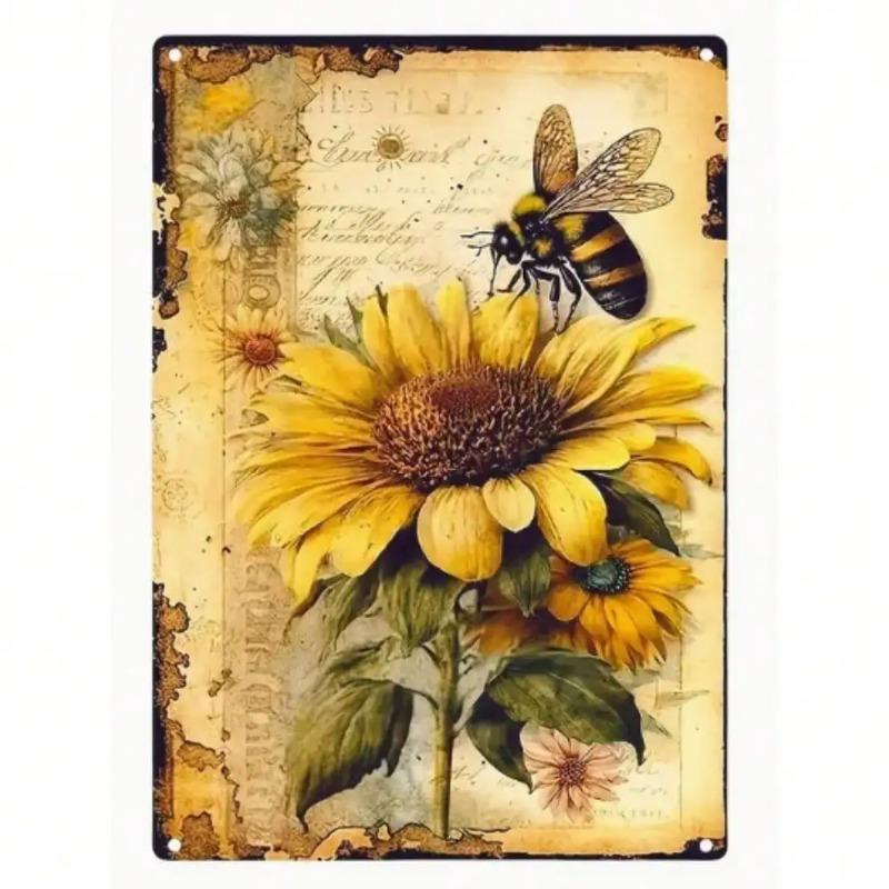 Vintage Bee Sunflower Metal Wall Art Rustic Farmhouse Decor Plaque 20x30cm