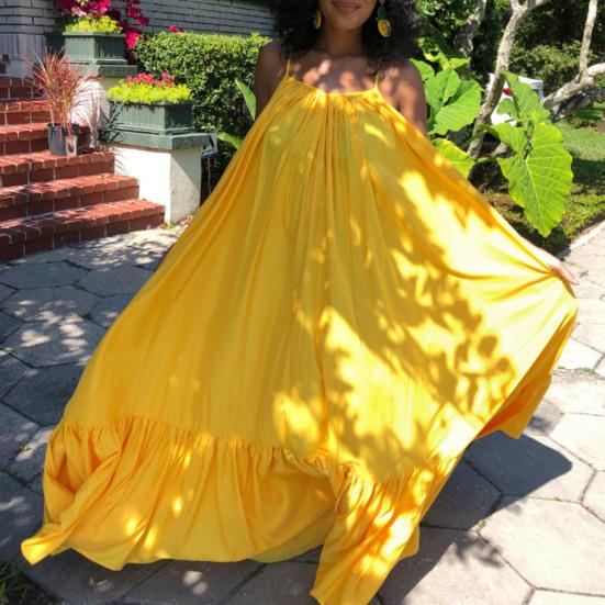 Maxi Dress Backless Casual Floor-length Solid Color Big Swing Strap Pocket Sling Dress for Beach