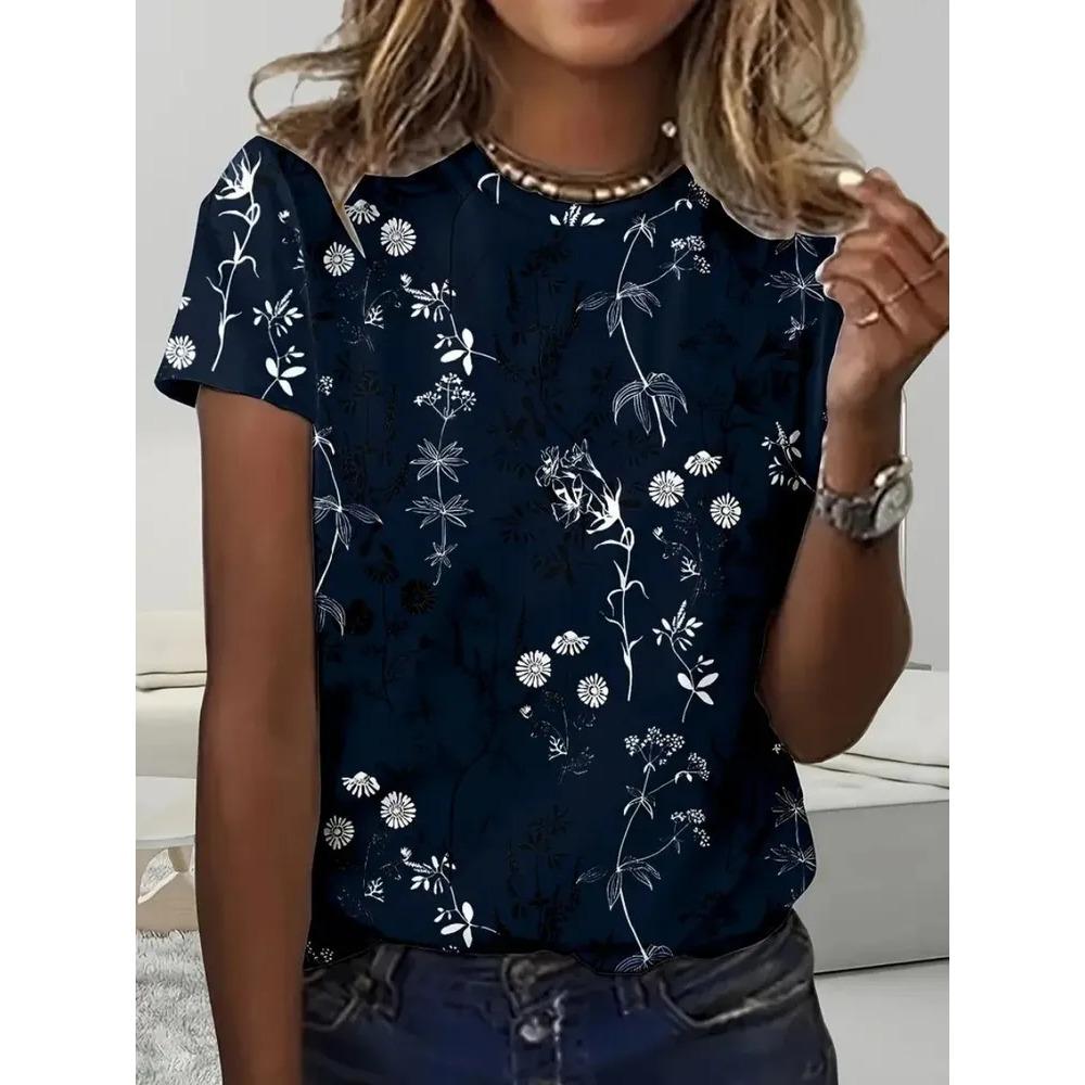 Sommer Mode T-Shirt Blume 3D Gedruckt Kurzärmeliges T-Shirt Modisch Bequem Weich Atmungsaktiv Groß Locker Damen T-Shirt