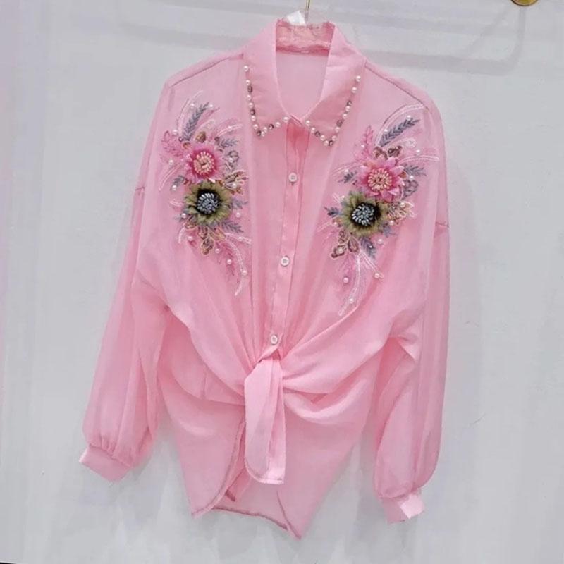 Тяжелая промышленность Трехмерный Цветочный Солнцезащитный Рубашка Женская Тяжелая Промышленность Узкая Короткая Рубашка Весна Лето Свободный Топ One Size розовый