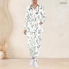 Women Plus Size White Green Floral Printed Nurse Scrub Set V Neck Long Sleeve Pockets Top And Long Pants