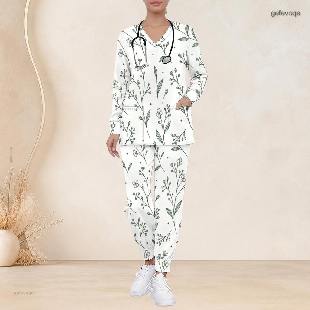 Women Plus Size White Green Floral Printed Nurse Scrub Set V Neck Long Sleeve Pockets Top And Long Pants