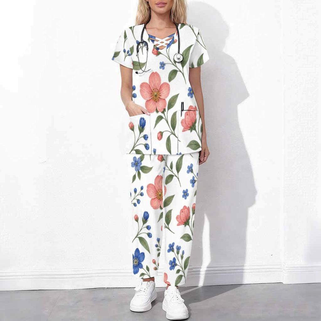 Women Plus Size Floral Printed Scrub Set Cutout Neck Short Sleeve Pocket Top Long Pants Two Piece