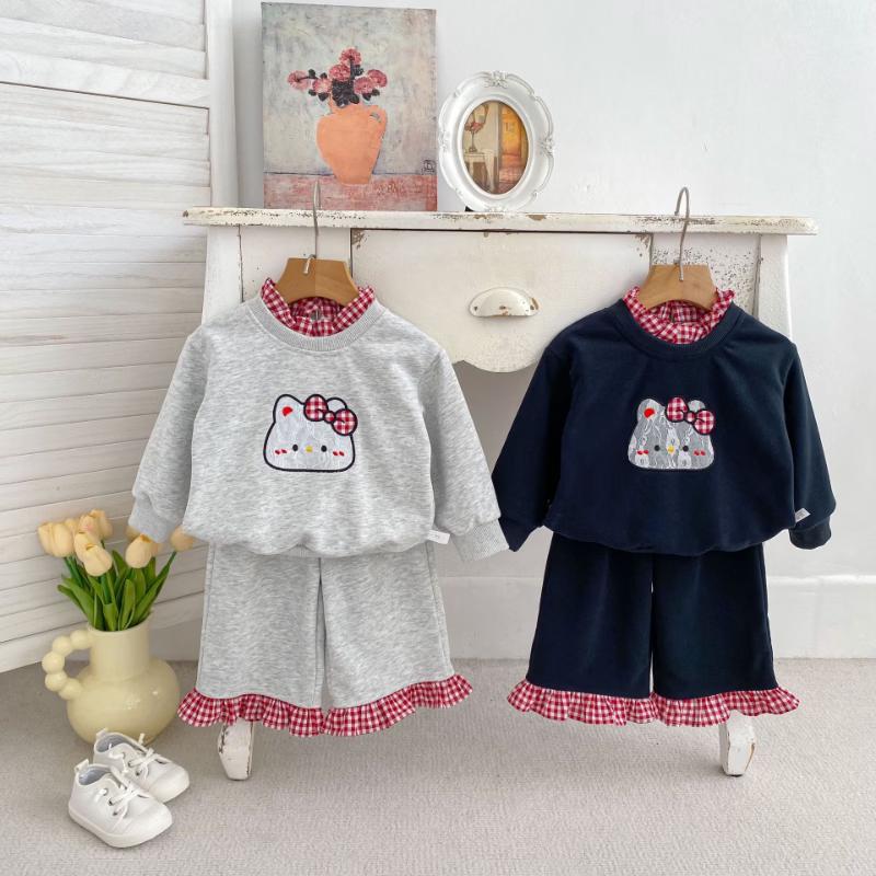 Ka You Dou Girls' Plaid Faux Two-Piece Sweatshirt & Pants Set