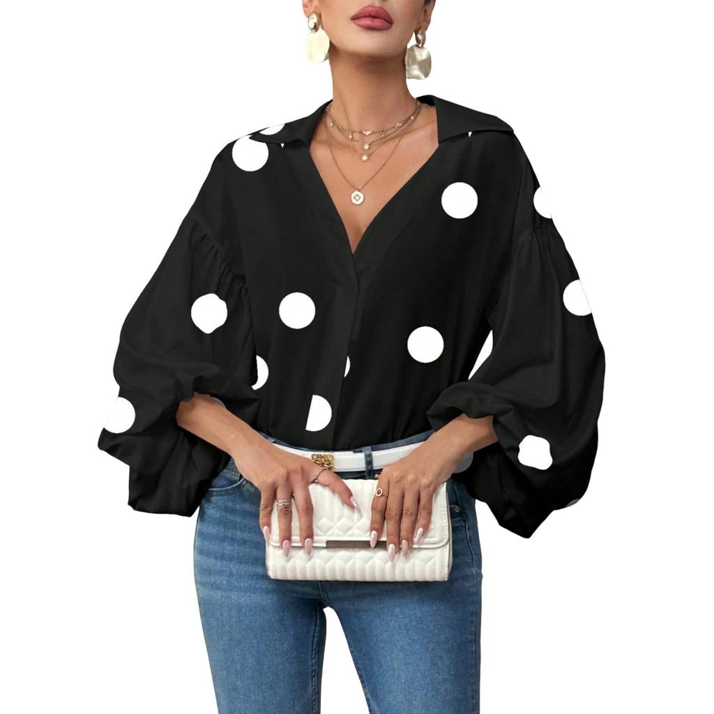 Women's  Casual French Polka Dot Half Open Neck Loose Bubble Long Sleeve Top
