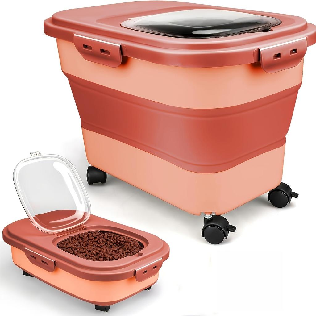 Opvouwbare luchtdichte huisdiervoerbak met wielen, inhoud 2,5–13,5 kg voer, vochtbestendig, ook geschikt voor het bewaren van granen en meel.