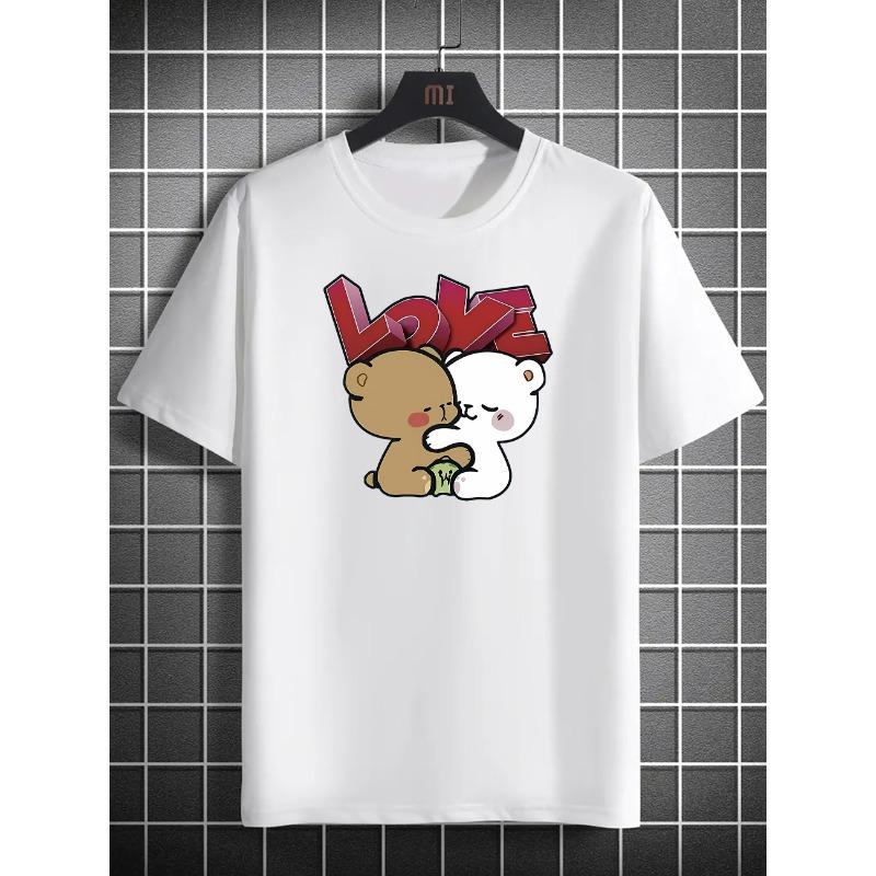 

European sizes Men S Fashion Trend LOVE Bear Pattern Print Short-Sleeve T-Shirt, Round Neck, Perfect for Casual Camping And Summer Vacations 4XL білий