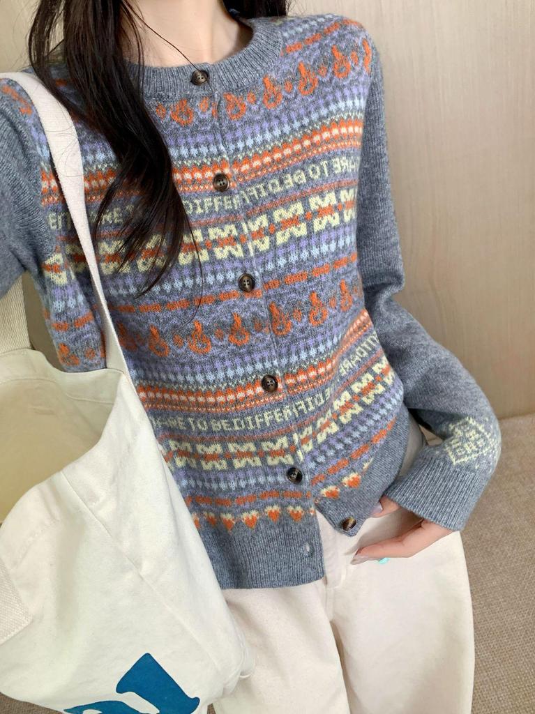 Women's High-Quality Loose Wool Fair Isle Jacquard Cardigan Sweater Coat