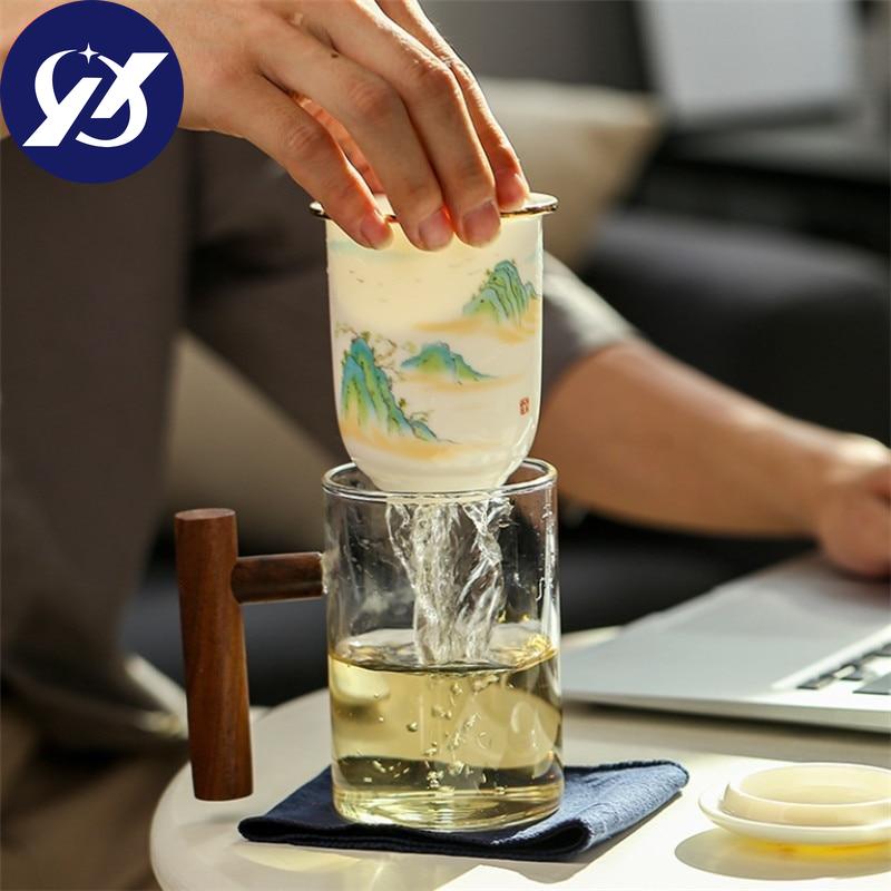 Creative Glass Tea Separation Cup Ceramic Filter Teacup With Lid and Wooden Handle Large Capacity Office Coffee Mug Drinkware