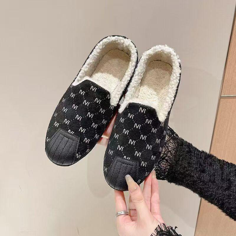 Hairball Doudou Shoes Women's Autumn and Winter Wear Plush Cotton Shoes Flat Bottom Versatile One Pedal Hairball Doudou Shoes Women