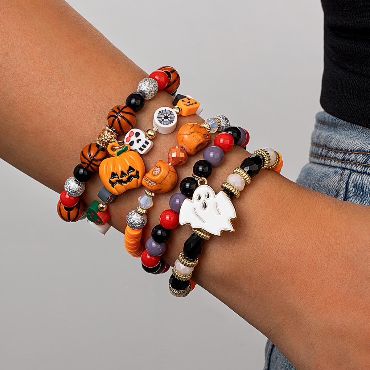 

5 Halloween bead bracelets, multiple sets, drip oil little devil pumpkin pendant, soft ceramic bracelet