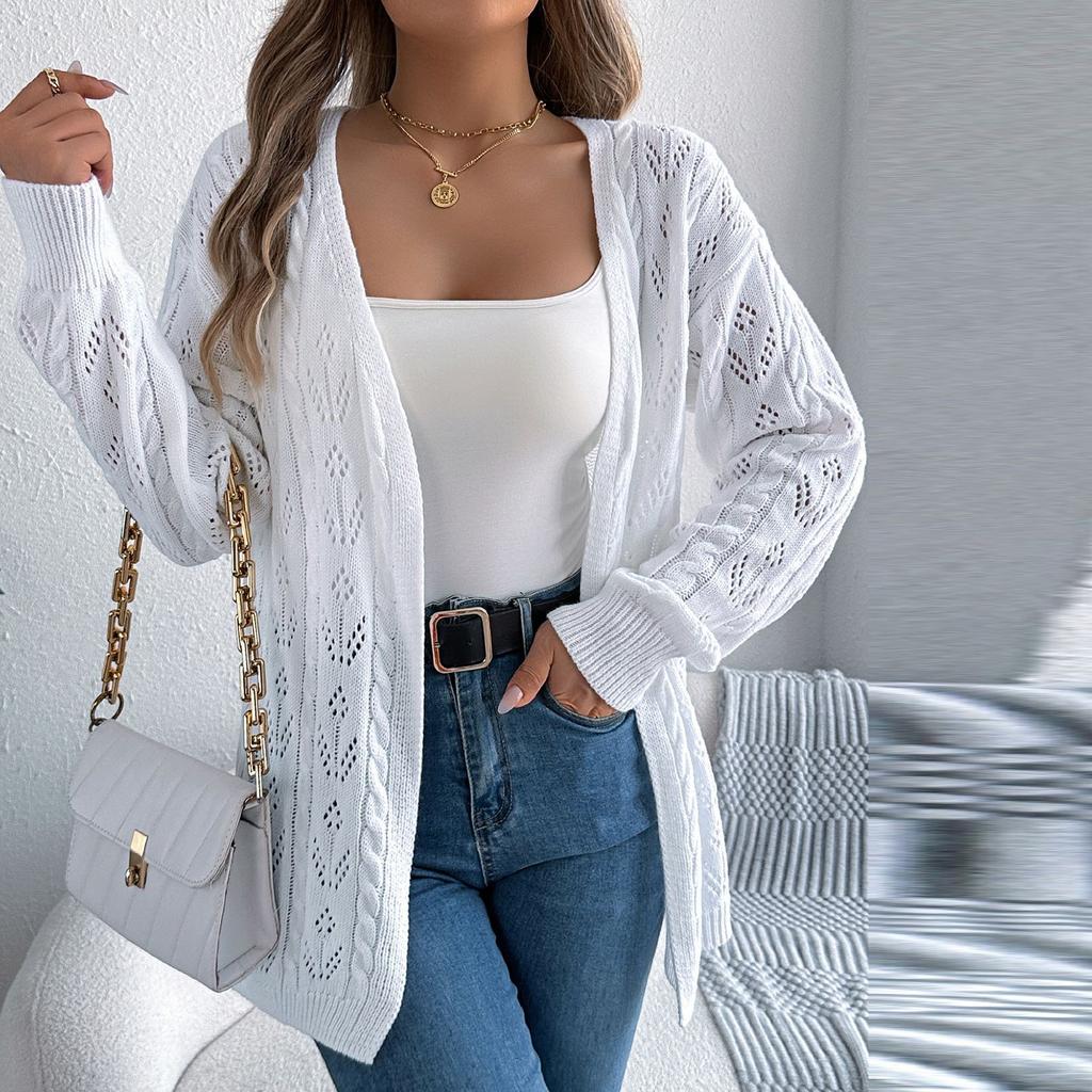 Damenmode, lässig, einfarbig, hohl, langärmelig, Strickjacke, Pulloverjacke