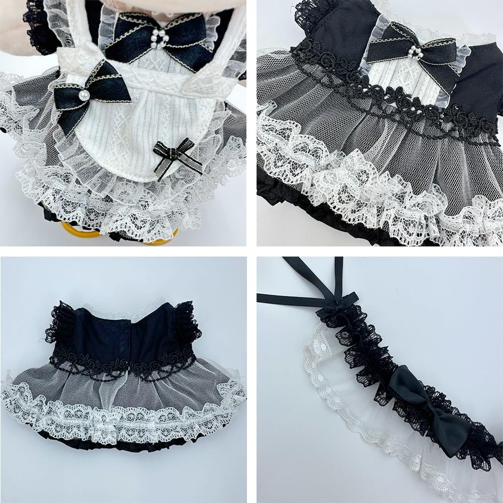 niannyyhouse Lace Head Dress, Dress, Apron, 10cm, 15cm, 20cm Plush Doll, Maid Suit, Cotton Doll Clothes, Dress-Up, Doll Accessories (Black-20cm)