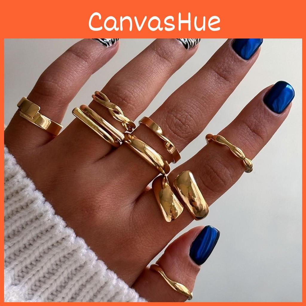 Geometric Metal Ring Set For Women With Electroplated Finish For Fashionable Summer Wear