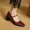 Fashion 2025 New Cow Leather Women Dress Shoes Chunky Heel Retro Mary Janes Shoes Shallow Round Toe Pumps Ankle Strap Ladies Office Shoe
