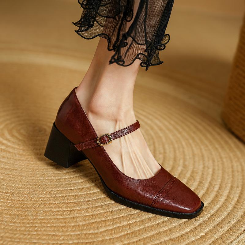 Fashion 2025 New Cow Leather Women Dress Shoes Chunky Heel Retro Mary Janes Shoes Shallow Round Toe Pumps Ankle Strap Ladies Office Shoe