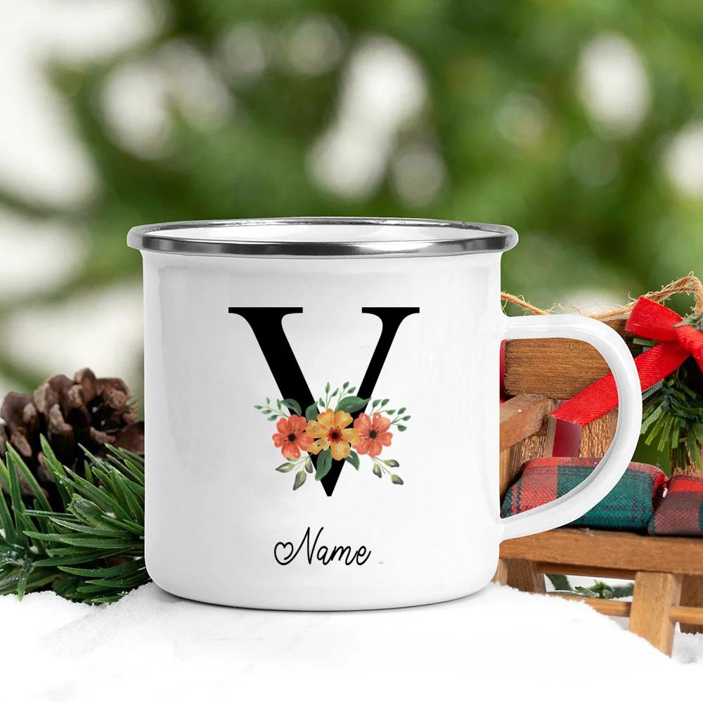 Personalisierte Namens Emailletasse Benutzerdefinierte Blume Buchstabe Alphabet Tasse Camping Henkel Kaffee Tee Milch Tassen Festliche Geburtstagsgeschenke