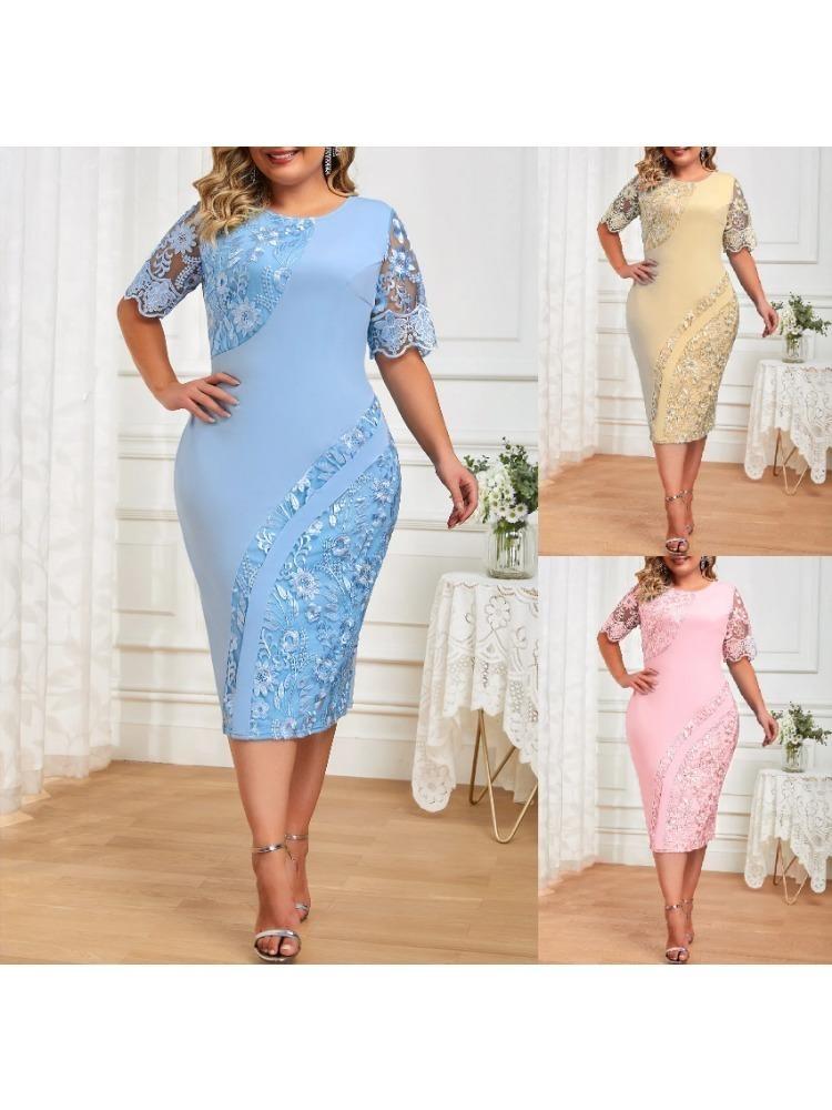Abito estivo taglie forti da donna con inserti in pizzo, abito a tubino elegante da lavoro e da festa, tinta unita, girocollo, manica corta