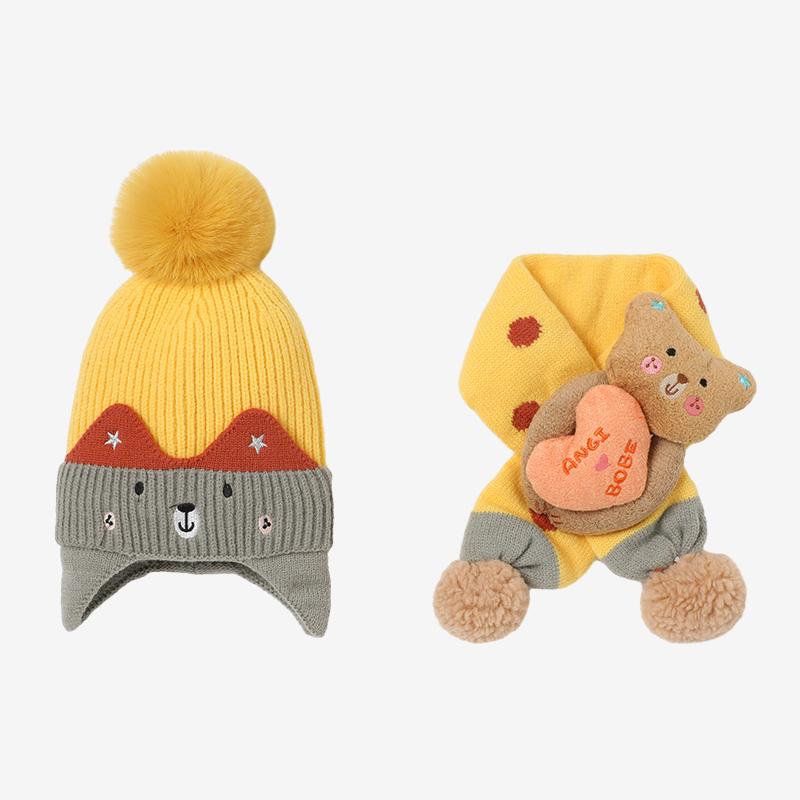 Cute Outdoor Children Winter Beanie Scarf Ear protection Soft Kids Warm Knitted Hats Set