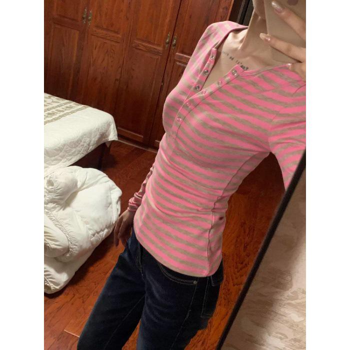 2026 Spring Autumn Women's Slim Fit Color Block Striped Long Sleeve T-shirt: Waist-Cinching Base Top