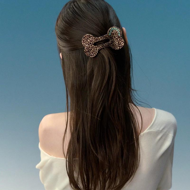 Bone Shape Hair Clip With Polka Dot Leopard Plaid Print Bangs Styling Womens Accessory Sweet Chic Headwear