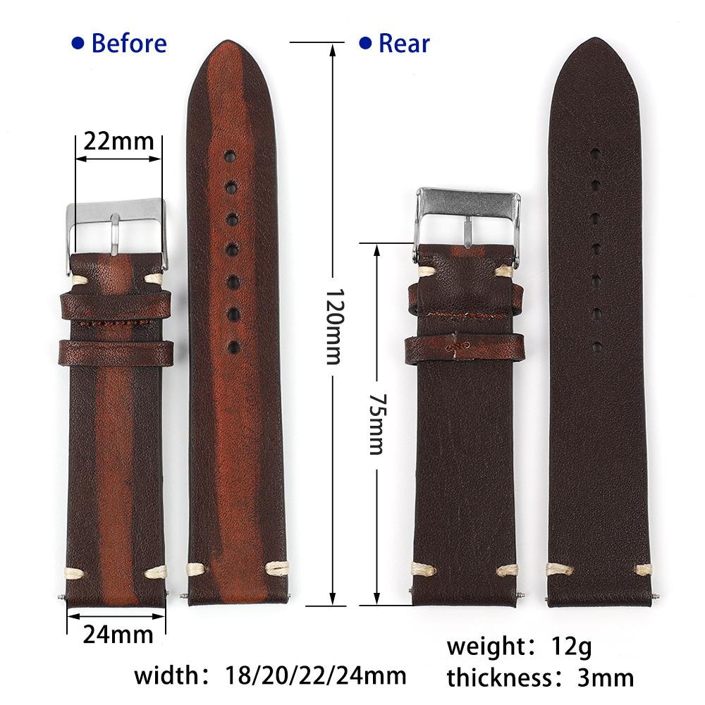 Vintage Leather Watch Band 18mm 20mm 22mm 24mm Brown Red Black Cowhide Watch Strap Replacement for Women Men Watch Accessories