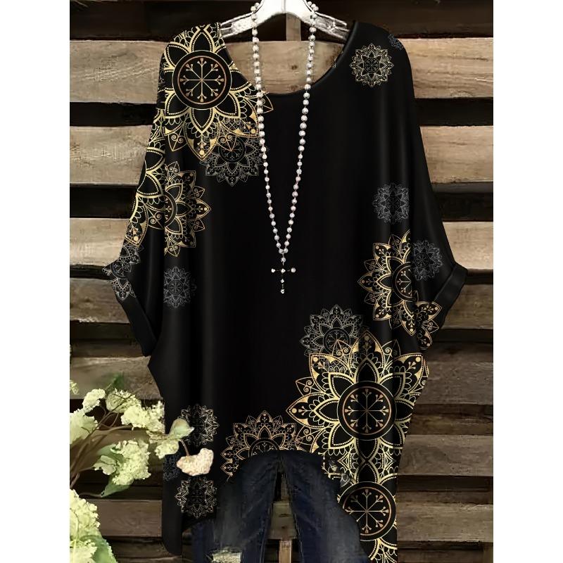 Women's T-Shirt Vintage Floral Pattern Printed Asymmetrical Hem O-Neck Short Sleeve Top Casual Fashion Street Outdoor Tops