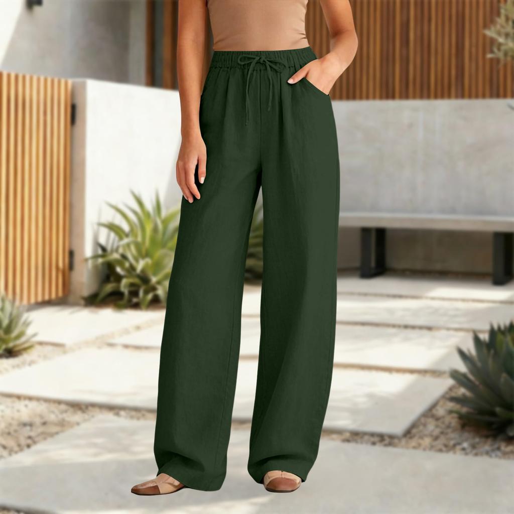Women's Casual Relaxed Fit High-Waisted Belted Pocket Cotton-Linen Blend Trousers