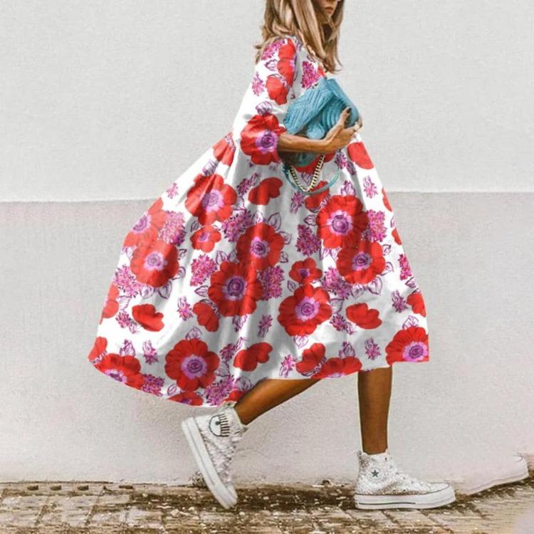 European American Trendy Floral Print Womens Mid Sleeve Dress