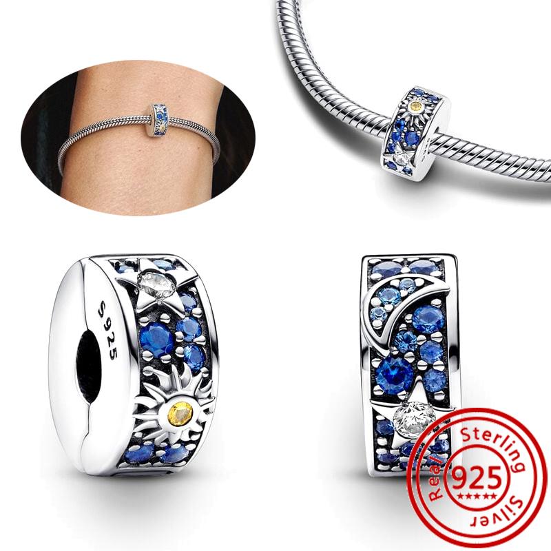 Fit Original Pantaro Charms Bracelet DIY Zircon 925 copper Blue Angel Wings Feathers Crown Star Moon Sun Clip Heart Shiny Beads