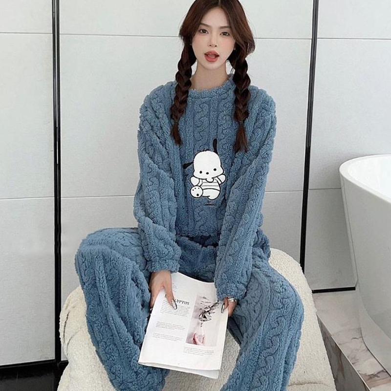 Thermal Fur Suit Women's Coral Fleece Pajamas Plus Velvet Thickened Sweet and Cute Warm DOG Long-sleeved Homewear Suit
