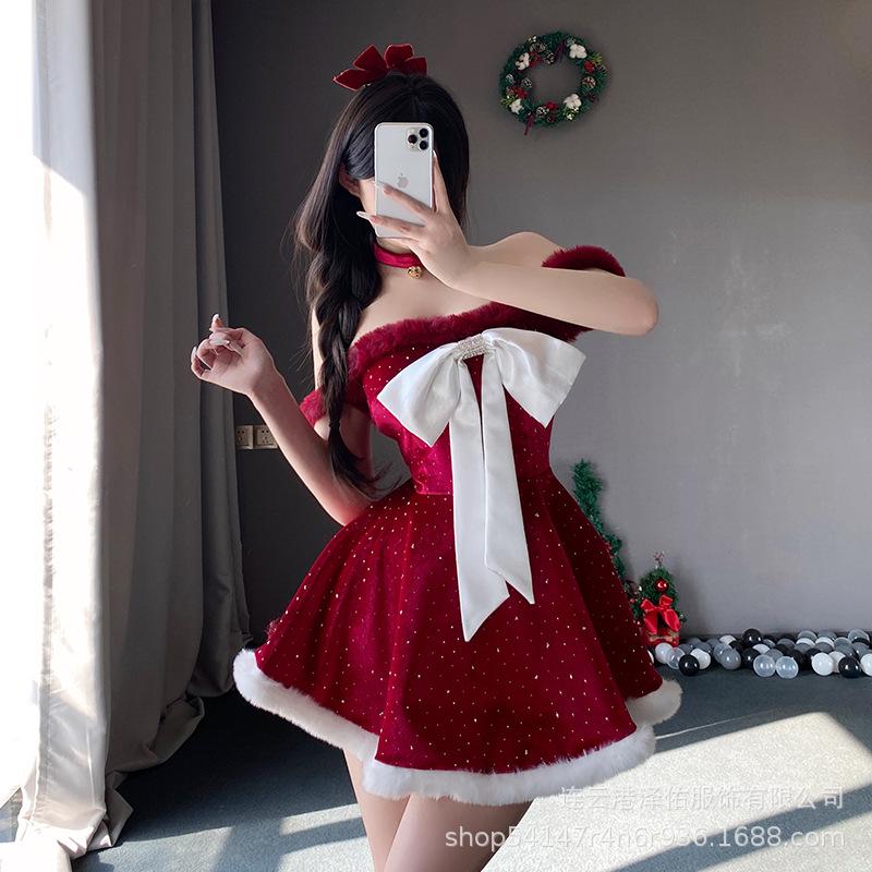 

И Мэнъяо Рождественское бархатное платье без бретелек золотого цвета с бантом и узором «Звездное небо» One Size [40-60 kg]