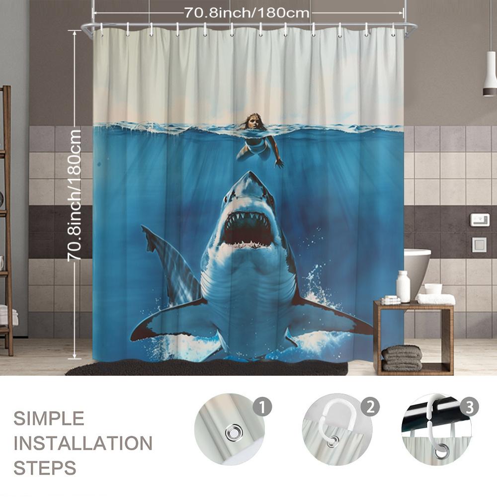 1pc Shark Encounter Shower Curtain Ocean Swim Great White Surreal Danger Tranquility Art Modern Fashion Home Bathroom Room Decor