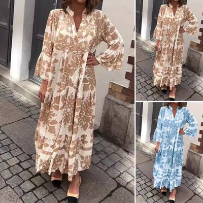 Women Maxi Dress V Neck Floral Printed Pleated Ruffle Patchwork Hem Loow Waist Horn Sleeves Single-breasted Daily Commuting Long Dress