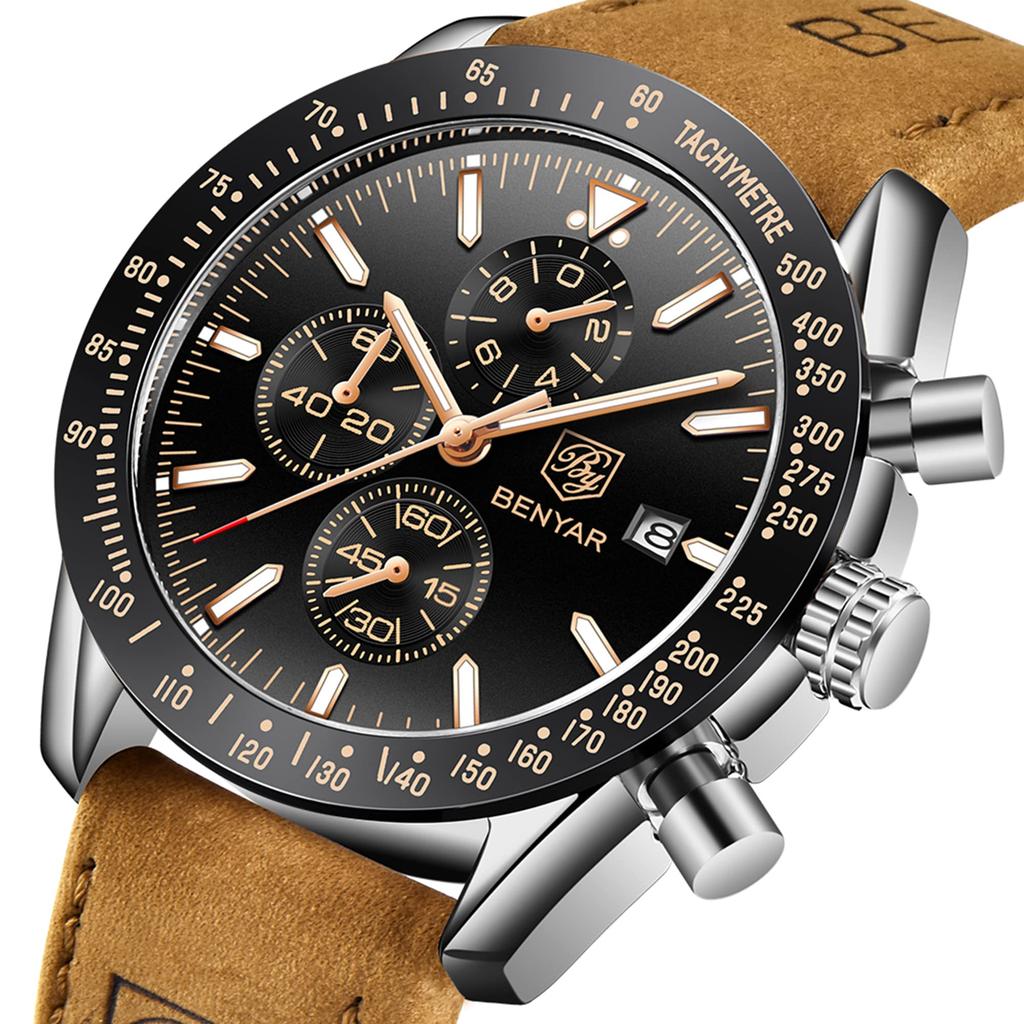 BY BENYAR Chronograph Analog 30M Wasserdicht Lederarmband Quarz Geschenk für Erhältlich in und Schwarz Herrenuhr, Widerstandsfähig, Schlicht, Stilvoll, Beliebt, Formell,